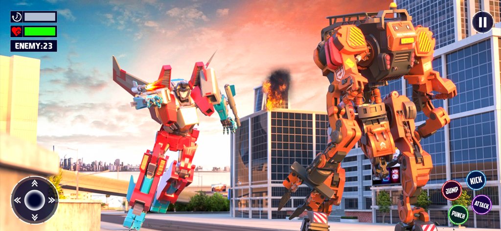 Robot Transform 3d War Games - Two giant combat robots fighting in a city arena at sunset