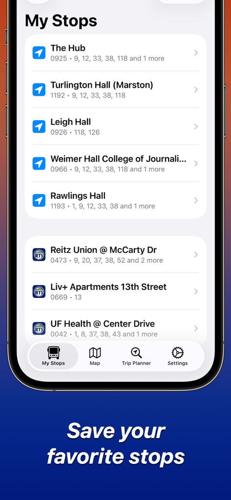 NaviGator for Gainesville RTS - The My Stops screen of the NaviGator app showing a list of saved bus stops for the Gainesville RTS.