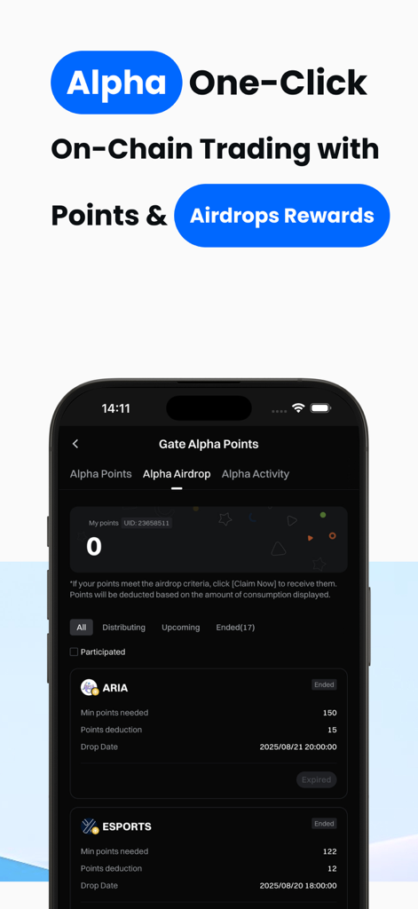 Gate: Trade BTC & ETH - Gate.io 앱 화면에 알파 에어드랍 보상 및 온체인 트레이딩 포인트가 표시되어 있습니다.