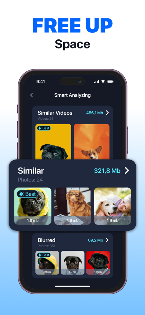 Pantalla de análisis inteligente de la aplicación Magic Cleaner mostrando categorías de fotos similares y borrosas para liberar espacio de almacenamiento.