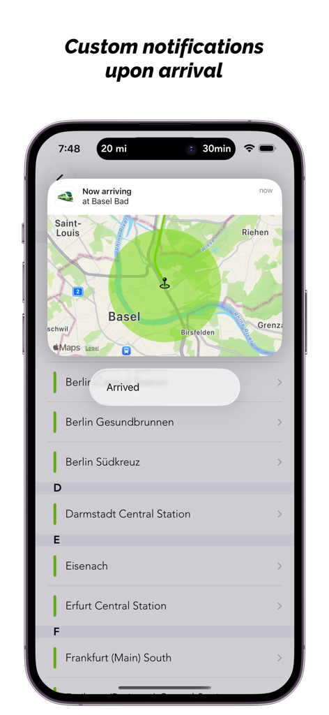 Interfaccia dell'app FlixTrain Destinations che mostra una notifica di arrivo GPS e una vista mappa dell'elenco delle stazioni