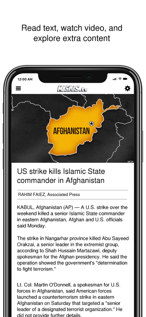 KGNS News - Mobile screen of KGNS News app displaying a news article and map.