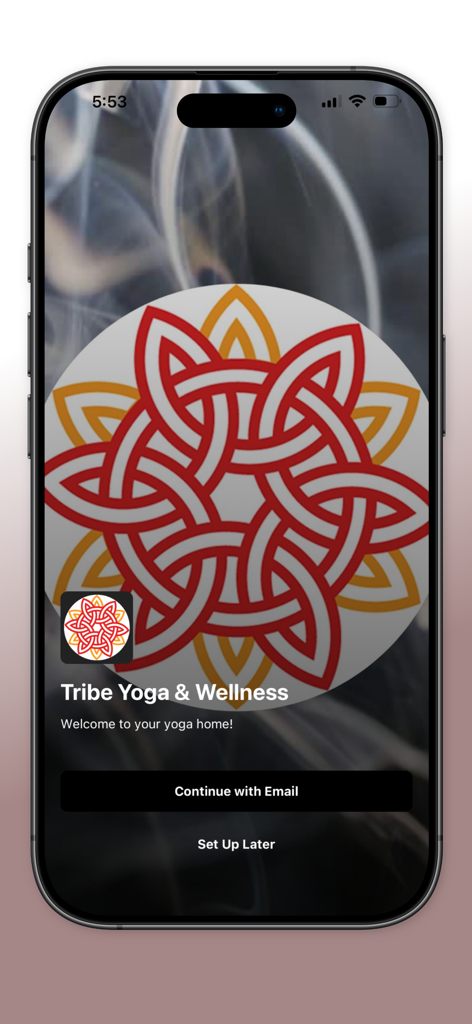 Tribe Yoga & Wellness - Tribe Yoga and Wellness app welcome screen featuring a red and orange mandala logo