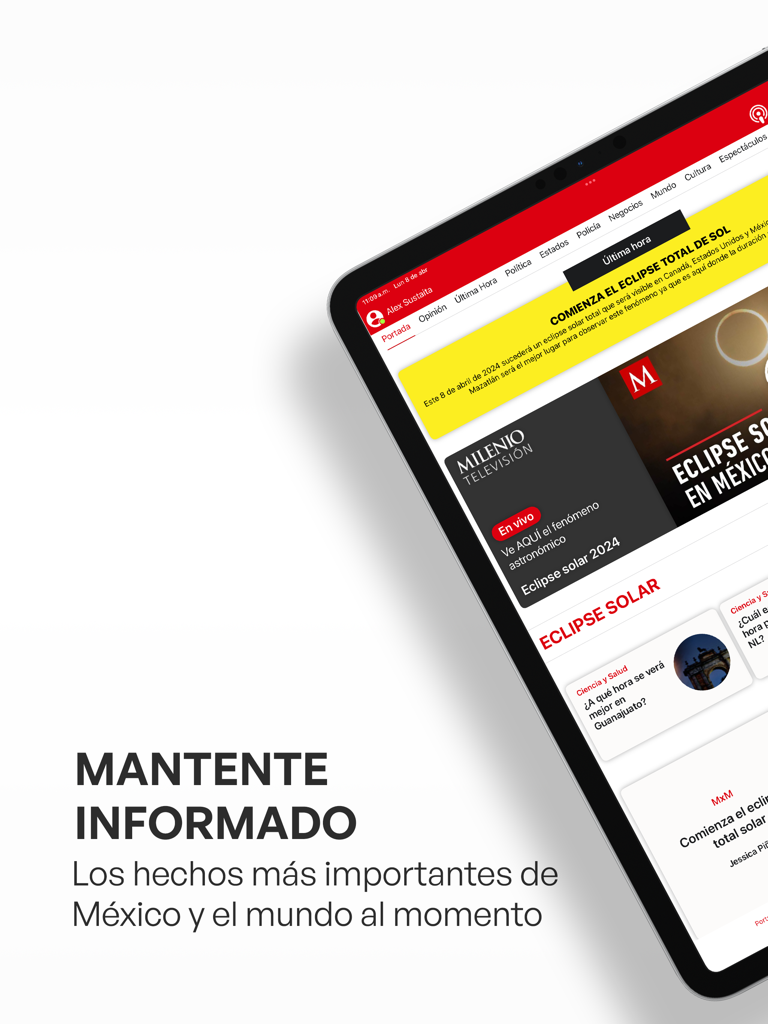 Milenio Impreso - Pantalla de iPad mostrando la aplicación de noticias Milenio con un titular sobre un eclipse solar en español y secciones de opinión y TV en vivo.