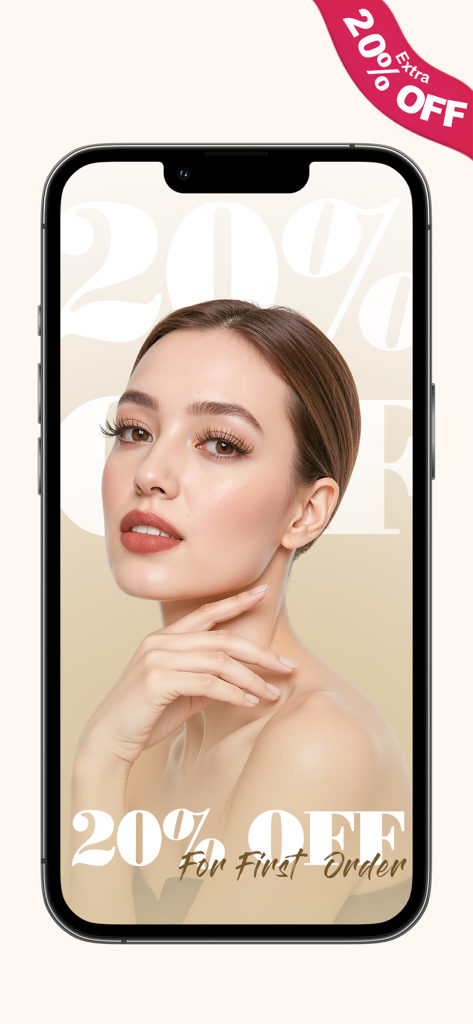 Kolybel Lash - Mobile app screen for Kolybel Lash offering a twenty percent discount on the first order for professional eyelash supplies