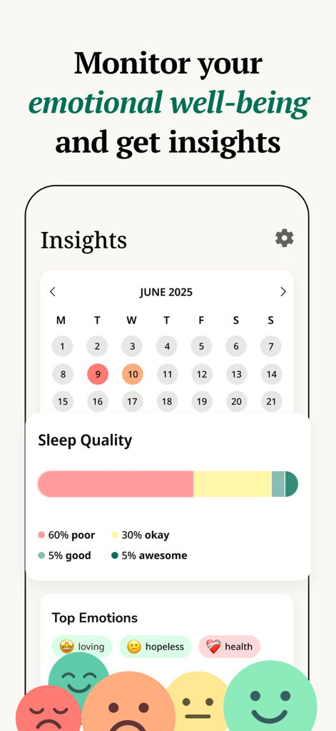 MindBuddy: Mood Journal & CBT - MindBuddy app screen displaying a monthly mood calendar and sleep quality insights