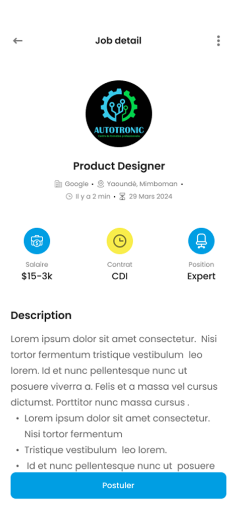 YoupiJob - Job seeking - Écran mobile montrant les détails d'une offre d'emploi de concepteur de produits avec le salaire et le type de contrat.