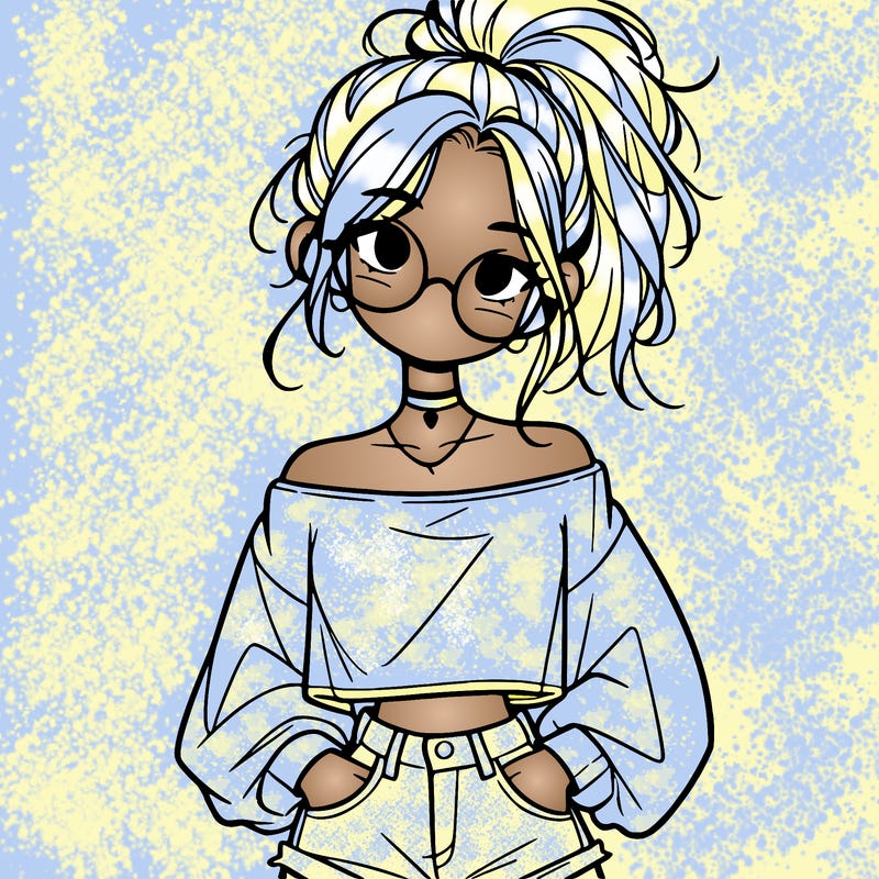 girl with a messy ponytail glasses a baggy crop top and jean shorts
