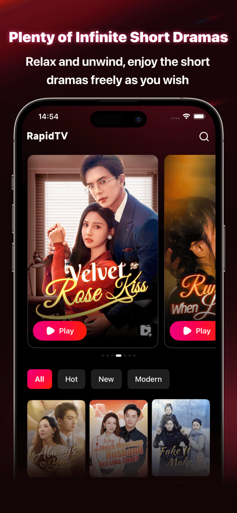 RapidTV - Interfaccia dell'app RapidTV che mostra poster di brevi drammi e categorie come 'Velvet Rose Kiss' e 'Always You'