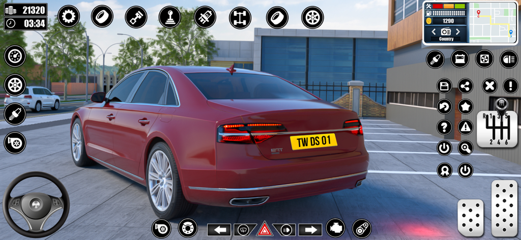 City Driving School Car Games - A red sedan in a city car driving simulator with a realistic dashboard interface