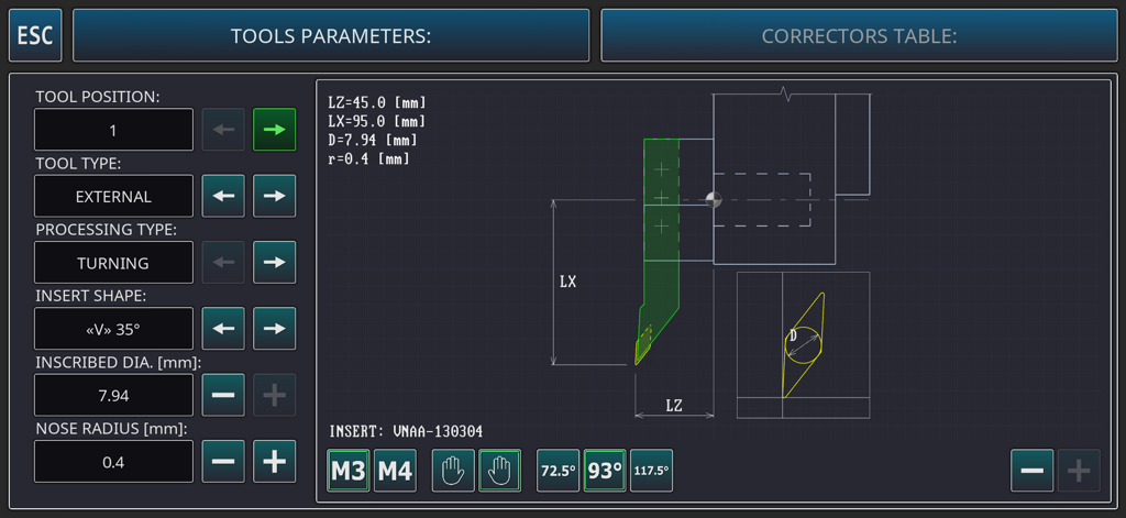 CNC Lathe Simulator Lite - Interface of CNC Lathe Simulator Lite showing tool parameters and technical specifications for cutting tools