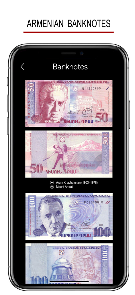Una pantalla de la aplicación Armenian Words and Writing que muestra billetes armenios históricos e información cultural.