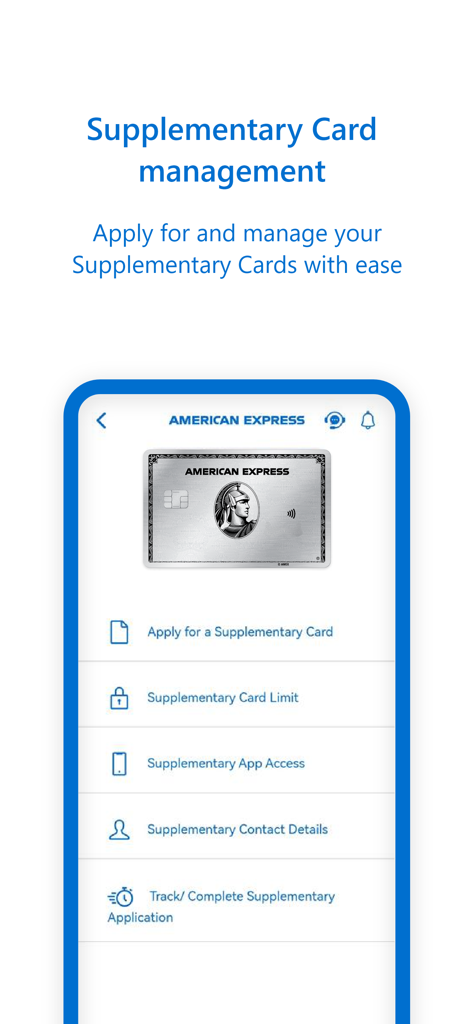 Amex MENA app interface showing supplementary card management options including card application and limit settings