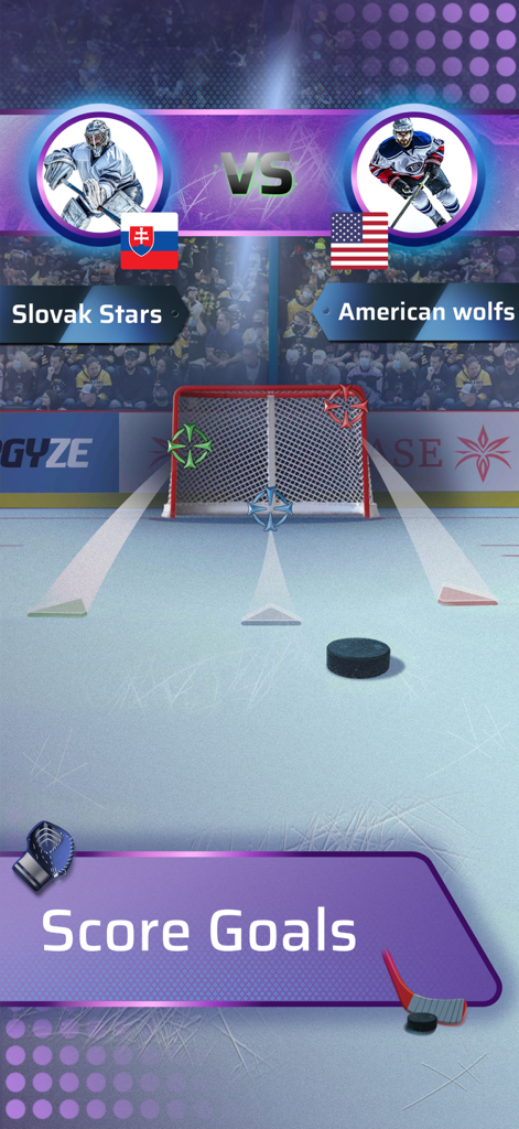 Uma tela de jogo do PowerPlay Ice Hockey mostrando a configuração de uma partida PvP e um desafio de gol no gelo