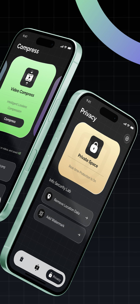 PixBox: Compress & Clean - Two iPhones displaying the PixBox app interface for video compression and private space security features