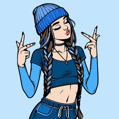 realistic teenage girl with braids and a beanie and crop top doing 🫶🏼