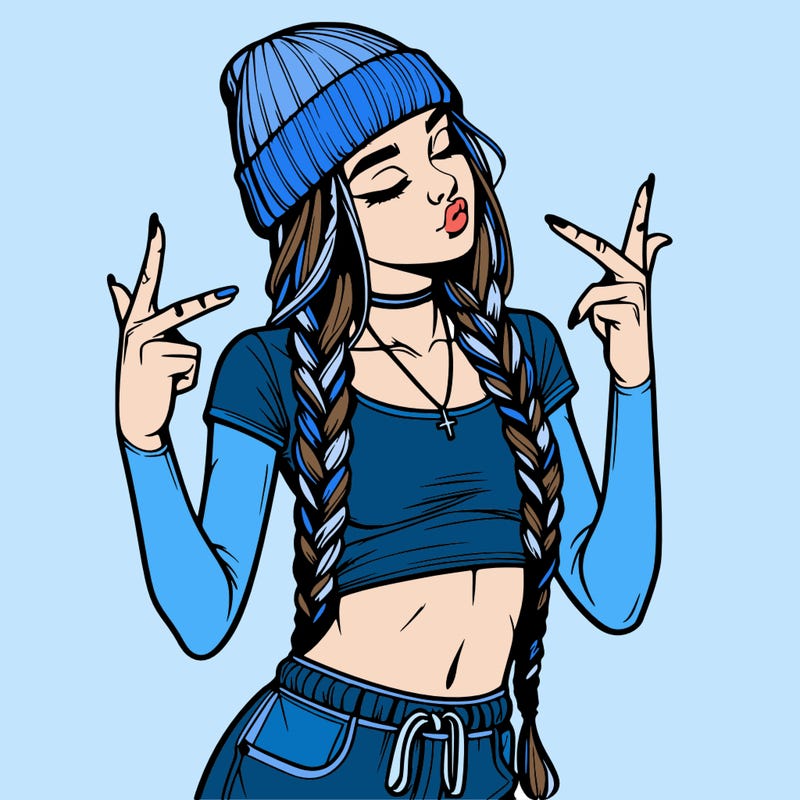 realistic teenage girl with braids and a beanie and crop top doing 🫶🏼