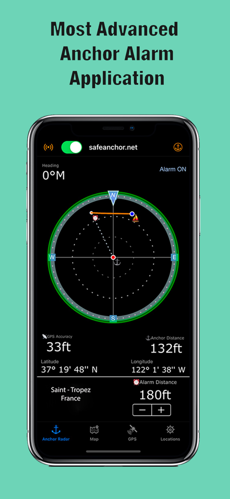 SafeAnchor.Net app interface showing the anchor radar screen with real-time GPS tracking and alarm distance settings for boat safety.