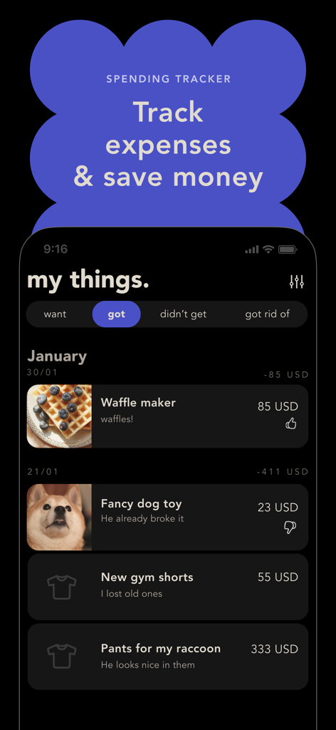 bless. minimal shopping habits - A smartphone display showing the bless app interface with a list of purchased items and their prices under a spending tracker section.