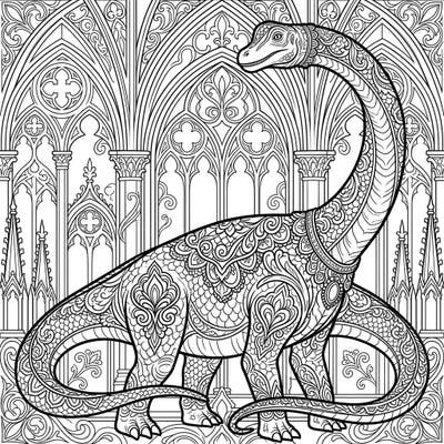 Embark on a unique coloring journey with this stunning Gothic Mamenchisaurus template. Its intricate patterns and dramatic architectural backdrop promise an engaging and creative escape.