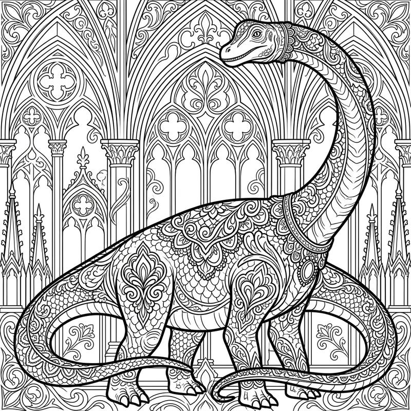 Embark on a unique coloring journey with this stunning Gothic Mamenchisaurus template. Its intricate patterns and dramatic architectural backdrop promise an engaging and creative escape.