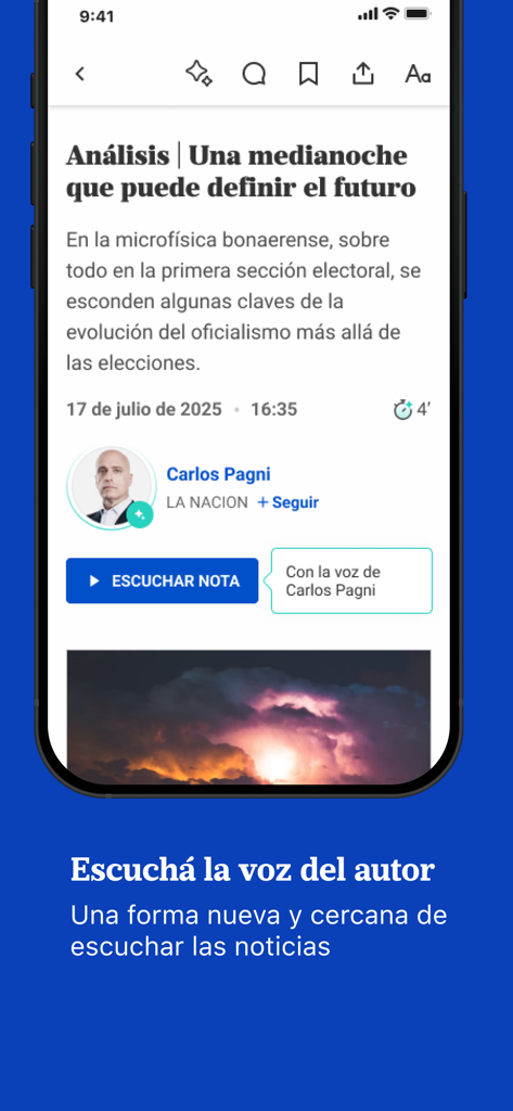 LA NACION - Pantalla móvil de la aplicación de noticias de LA NACION mostrando un artículo de Carlos Pagni con un botón para escuchar la narración de la voz del autor.