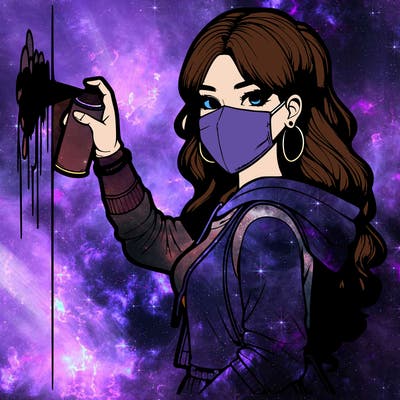 realistic girl with mask spray painting a wall