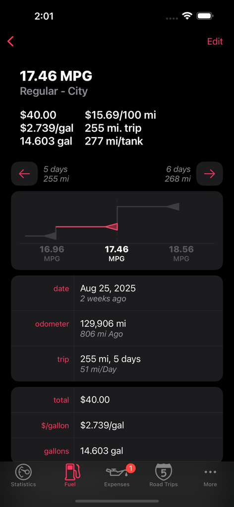 A summary screen showing fuel economy statistics and trip logs.