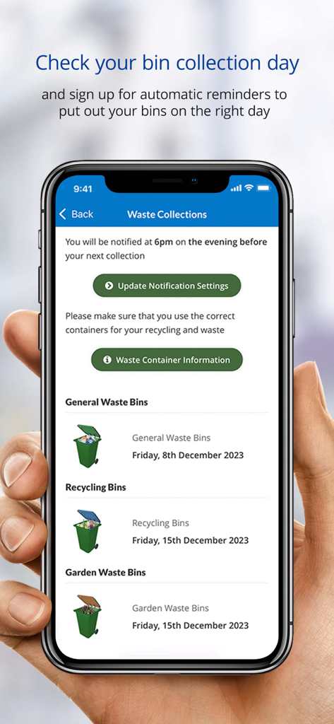 A mobile phone screen displaying the Horsham District Council app waste collection schedule for general, recycling, and garden waste.