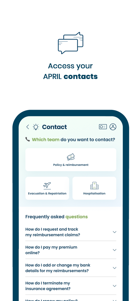 Contact support and FAQ screen of the APRIL International Easy Claim app