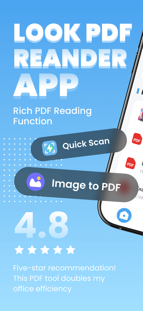 Easy PDF Reader - Scan & View - Oberfläche der Easy PDF Reader App hebt schnelle Scan- und Bild-zu-PDF-Funktionen mit einer Bewertung von 4,8 Sternen hervor
