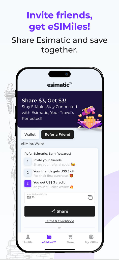 Esimatic eSIM: Mobile Data 5G - Esimaticアプリの紹介ページスクリーンショット。友達を招待してリワードを獲得するプログラムを表示
