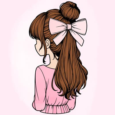 realistic girl  with hip length hair a bun and a big bow on the back of head