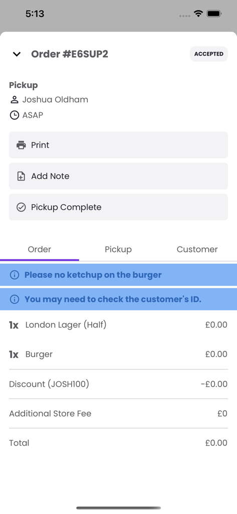 Slerp - Interface of the Slerp partner app showing an accepted pickup order with customer notes and item details