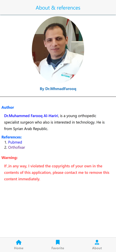 Página sobre e referências do Aplicativo de Evidências Ortopédicas apresentando o autor Dr. Muhammed Farooq Al-Hariri
