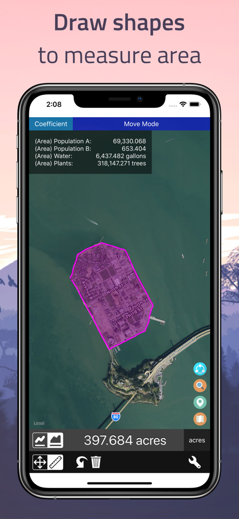Distance - Find My Distance - Distance app screenshot showing a satellite map with a hand-drawn area measurement of 397 acres.
