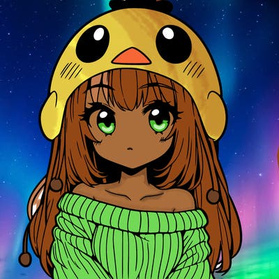 anime girl with chick shaped hat with sweater with bare shoulders with bangs covering them one eye with low tail