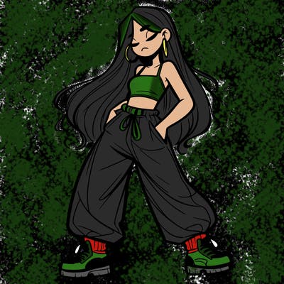 girl in baggy pants crop top and long hair