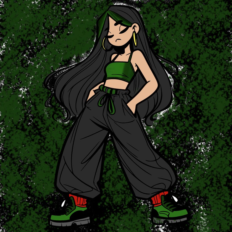 girl in baggy pants crop top and long hair