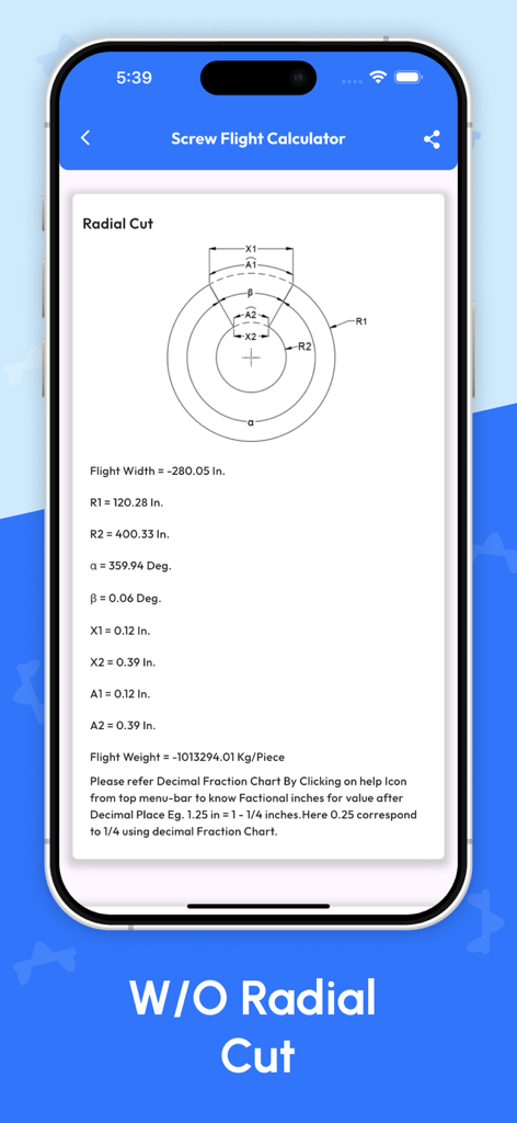 Diagrama técnico y resultados de cálculo para un corte radial en la Calculadora de Hélice de Tornillo
