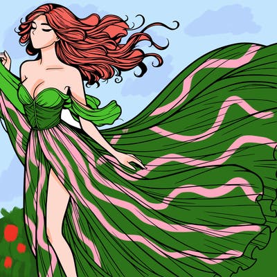 realistic woman in dress flowing the the wind