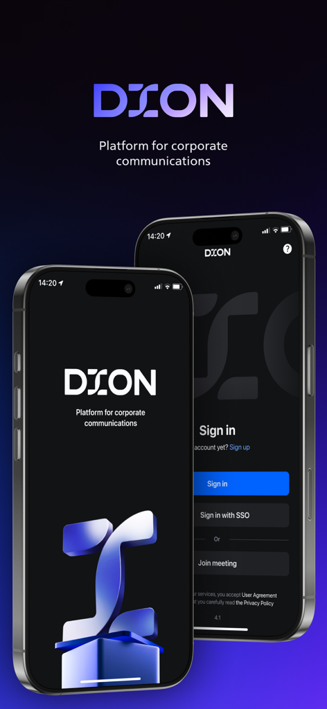 DION UC - DION UC mobile app splash screen and sign-in interface on two iPhones