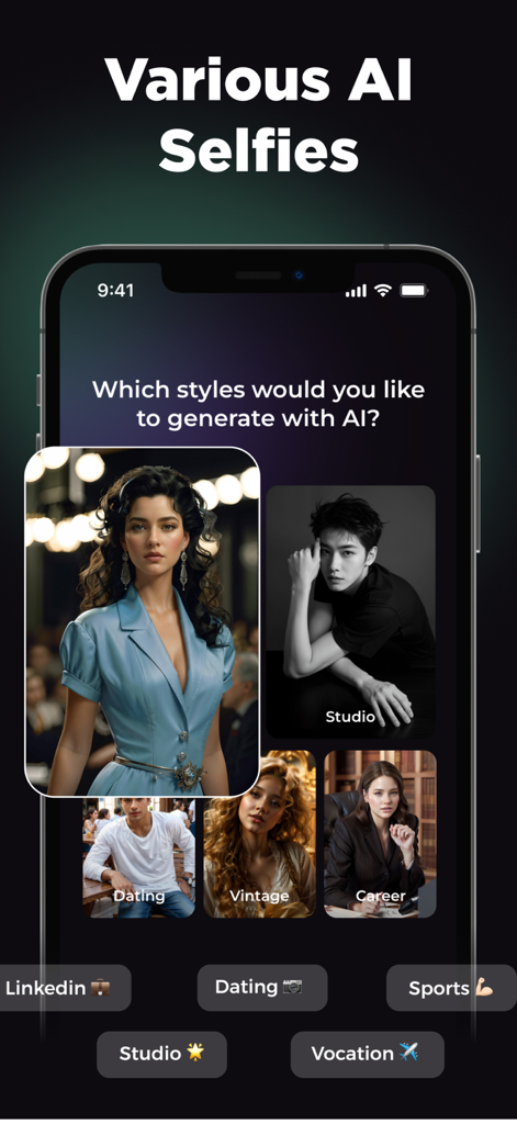 Professional Headshot - AI - Interfaz de la aplicación de retratos de IA que muestra varias plantillas de estilo para uso profesional y personal