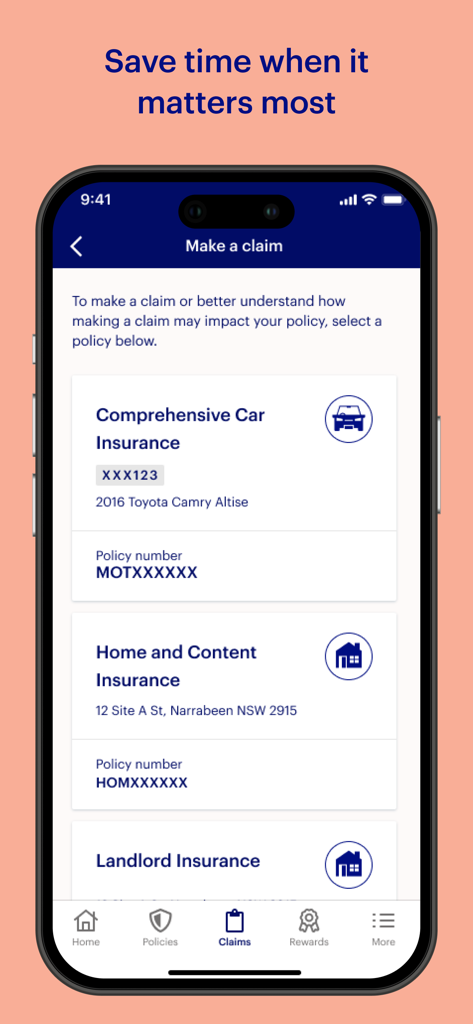 NRMA Insurance - NRMA Insurance app interface showing the Make a claim screen with options for car and home insurance policies