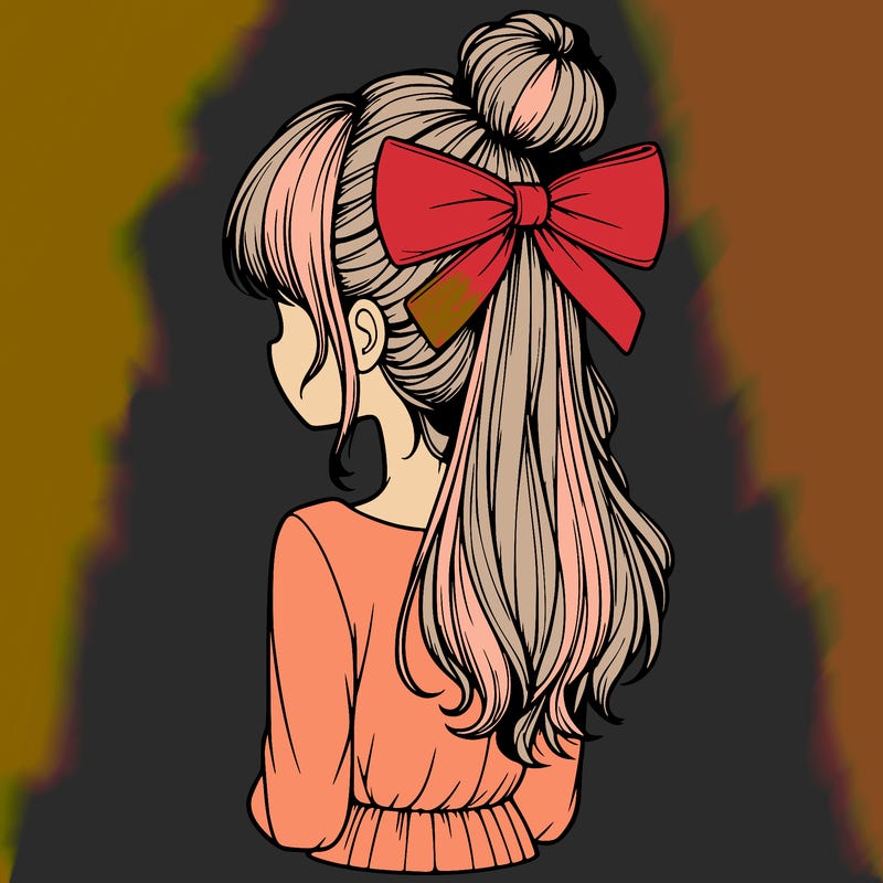 realistic girl  with hip length hair a bun and a big bow on the back of head