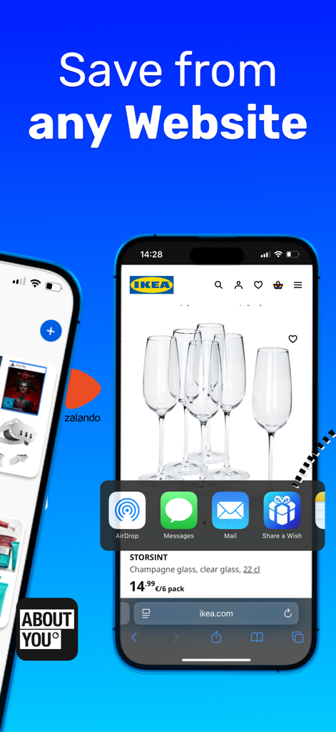 A smartphone showing the Share a Wish app extension being used to save a pair of champagne glasses from the IKEA website.