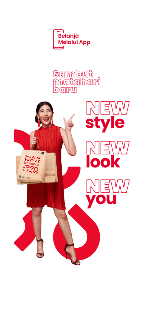 Matahari App - A woman in a red dress holding Matahari shopping bags promoting a new style and look on the mobile app.