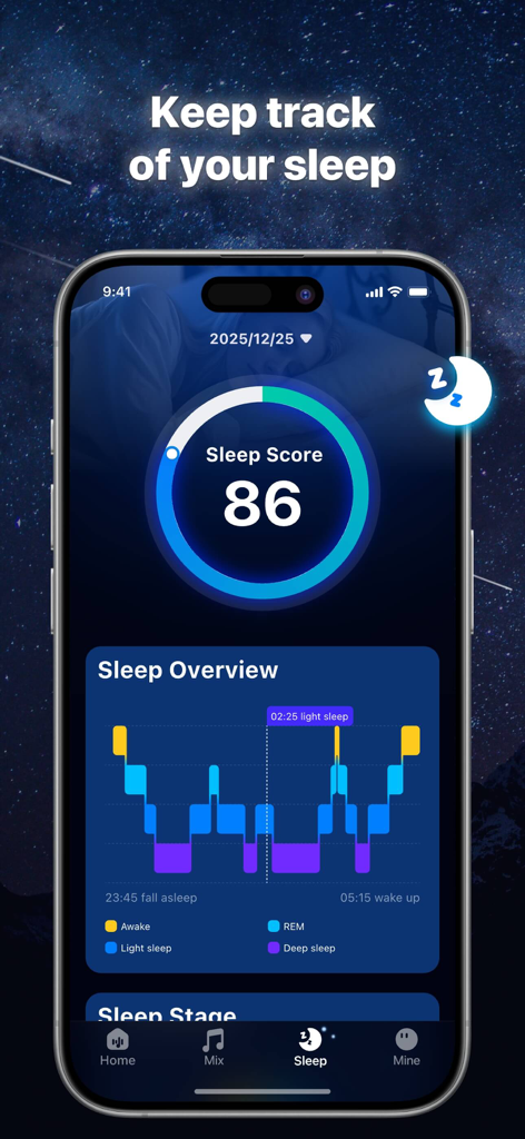 Sleep Sound: Relax White Noise - Interface of the Sleep Sound app showing a sleep score of 86 and a detailed sleep cycle overview chart