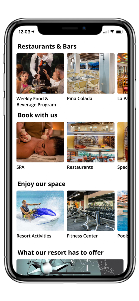Wyndham Grand Cancun - Schermata dell'app Wyndham Grand Cancun che mostra i servizi dell'hotel come ristoranti, prenotazioni spa e attività del resort.