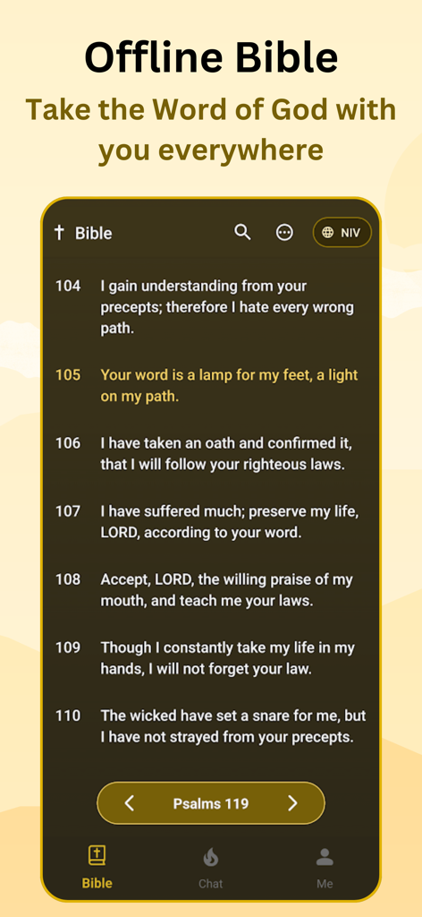Torch - Bible Chat - Interface of the Torch Bible Chat app showing offline scripture reading from Psalms 119